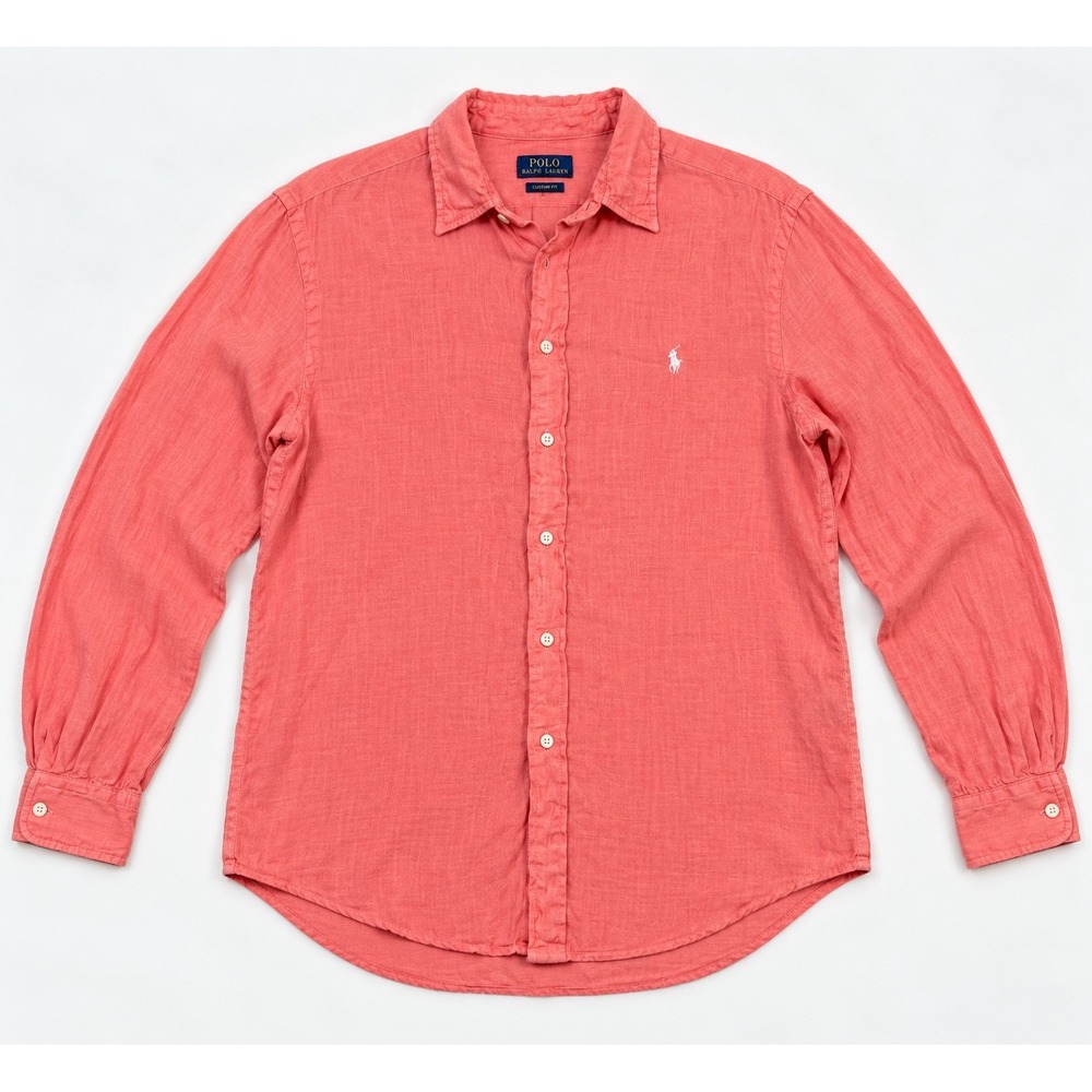 Polo Ralph Lauren Mens Medium Coral Pink Linen Relaxed Fit Button Down Shirt